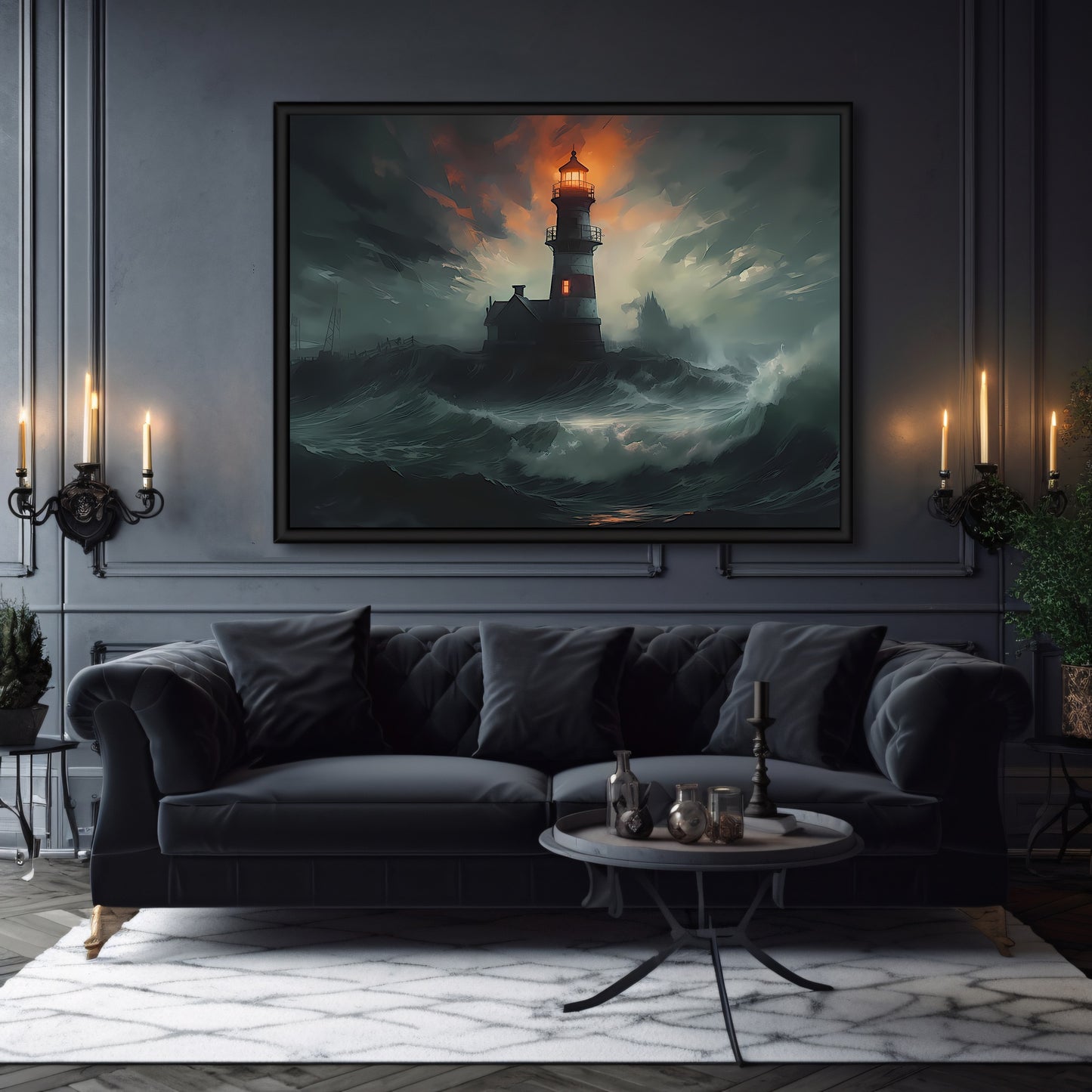 Lighthouse in Stormy Sea Gothic Wall Art Paper Poster Prints Vintage Seascape Painting Dark Academia Print Dark Aesthetic Room Decor Nautical Artwork