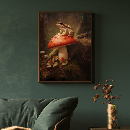 Moody Frog on Mushroom Gothic Wall Art Paper Poster Prints Dark Cottagecore Grunge Goblincore Vintage Botanical Decor Witchy Gothic Frog Mushroom Poster