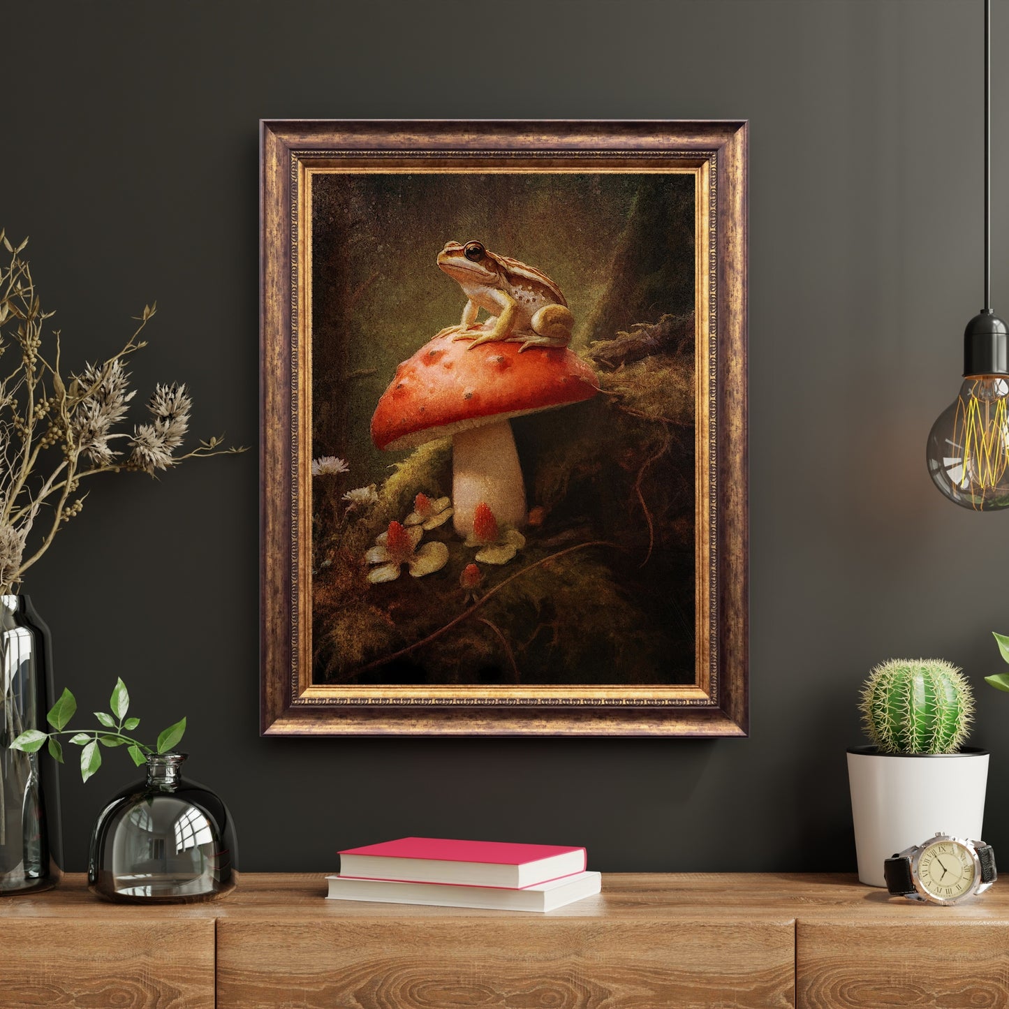 Moody Frog on Mushroom Gothic Wall Art Paper Poster Prints Dark Cottagecore Grunge Goblincore Vintage Botanical Decor Witchy Gothic Frog Mushroom Poster