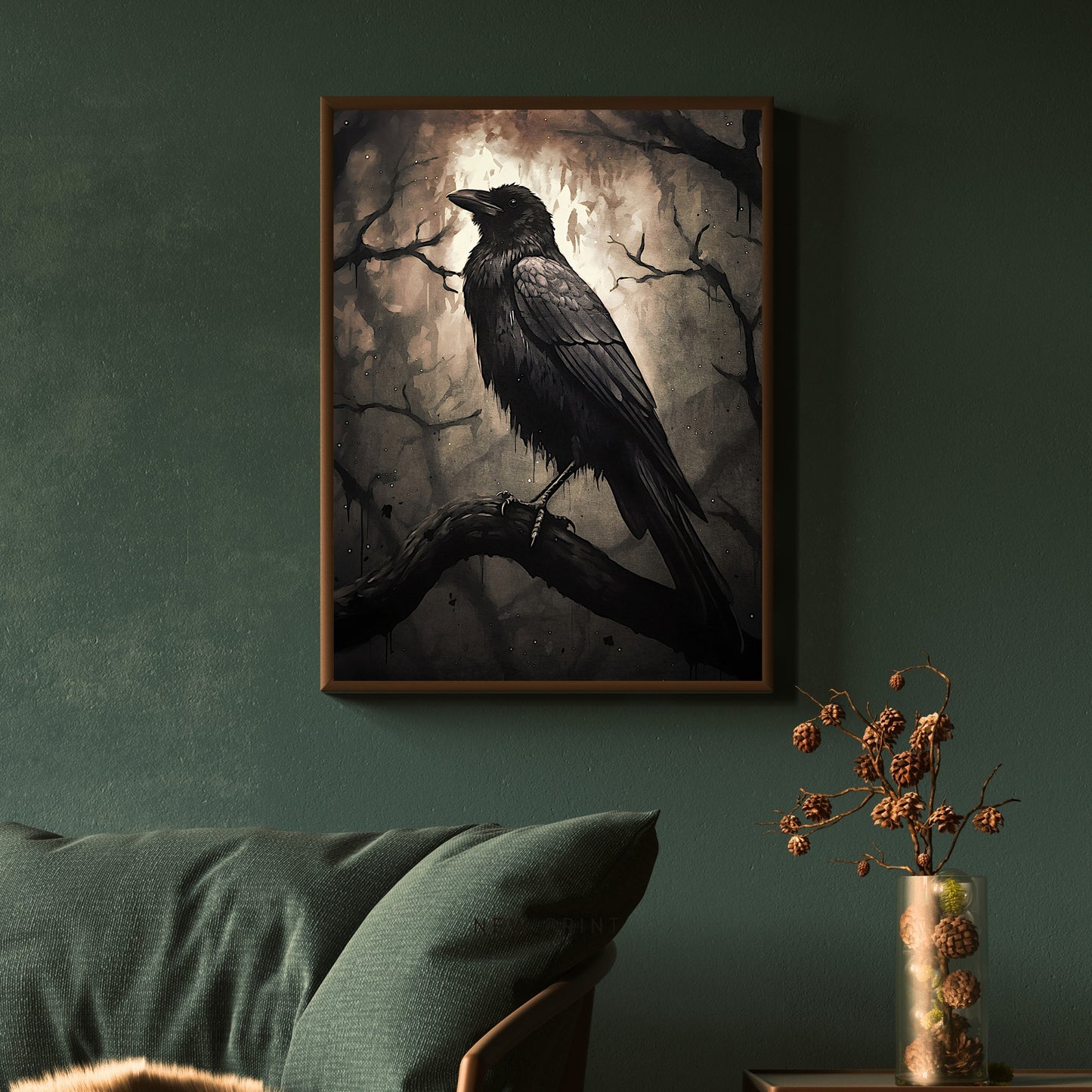 Black Raven in Dark Forest Paper Poster Prints Wall Art Moonlit Cottagecore Wildlife Painting Gothic Decor Dark Academia Artwork Vintage Aesthetic