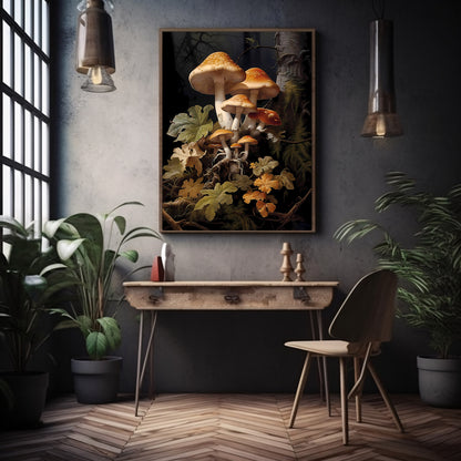Brown Mushrooms in Dark Forest Paper Poster Prints Wall Art Dark Academia Goblincore Vintage Botanical Decor Witchy Gothic Cottagecore Mushroom Print