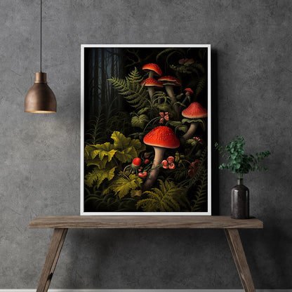 Red Mushrooms in Dark Forest Paper Poster Prints Wall Art Dark Cottagecore Goblincore Vintage Botanical Decor Witchy Gothic Dark Academia Mushroom