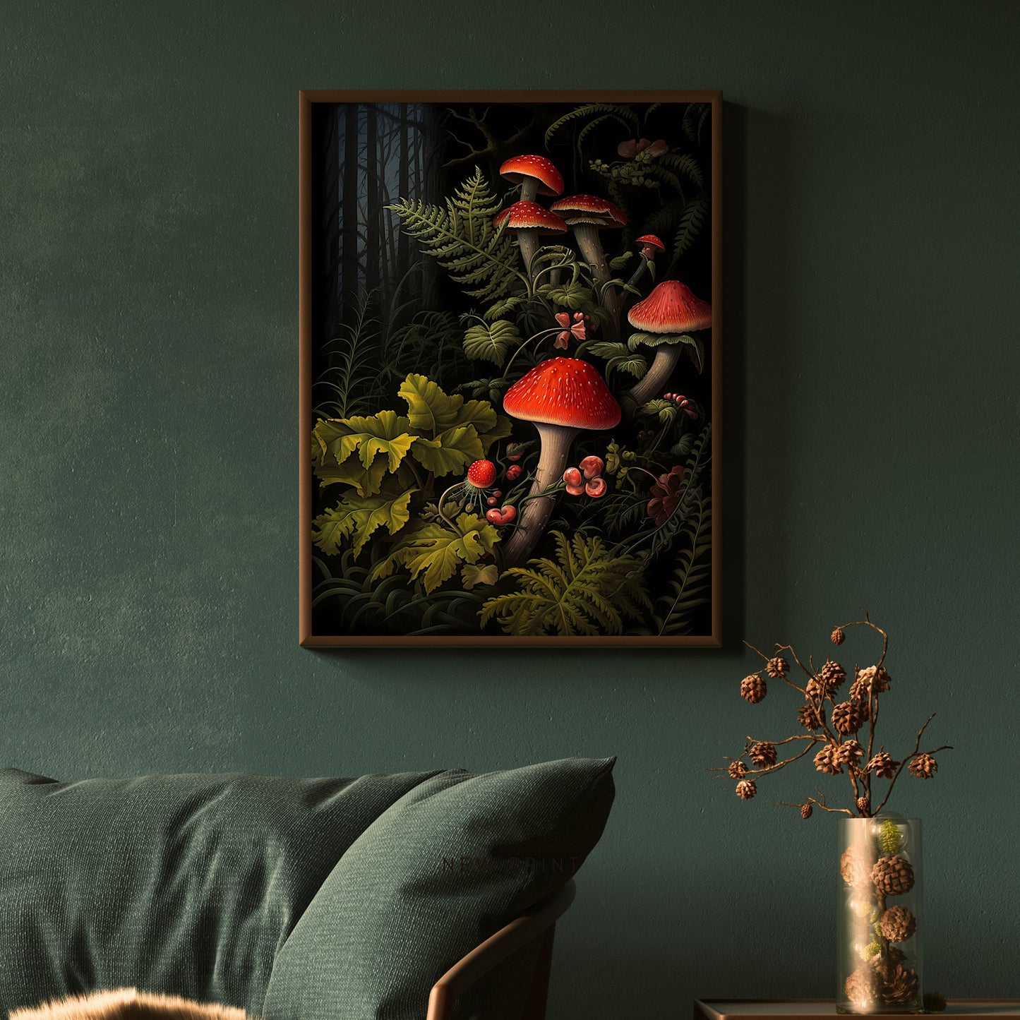 Red Mushrooms in Dark Forest Paper Poster Prints Wall Art Dark Cottagecore Goblincore Vintage Botanical Decor Witchy Gothic Dark Academia Mushroom