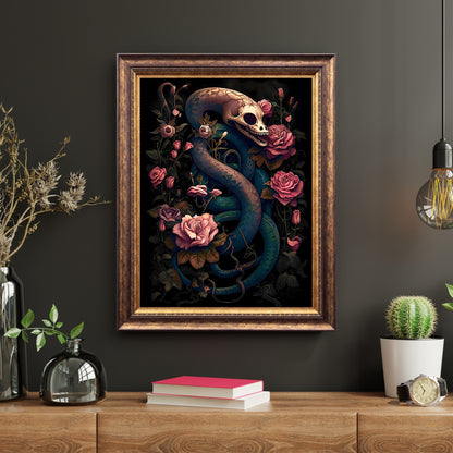 Floral Serpent Portrait Gothic Wall Art Paper Poster Prints Dark Cottagecore Vintage Mystical Animal Portrait Witchy Decor Gothic Dark Academia Pink Roses