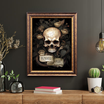 Skull Portrait Memento Mori Paper Poster Prints Wall Art Dark Cottagecore Vintage Mystical Skull Painting Witchy Decor Gothic Dark Academia Botanical
