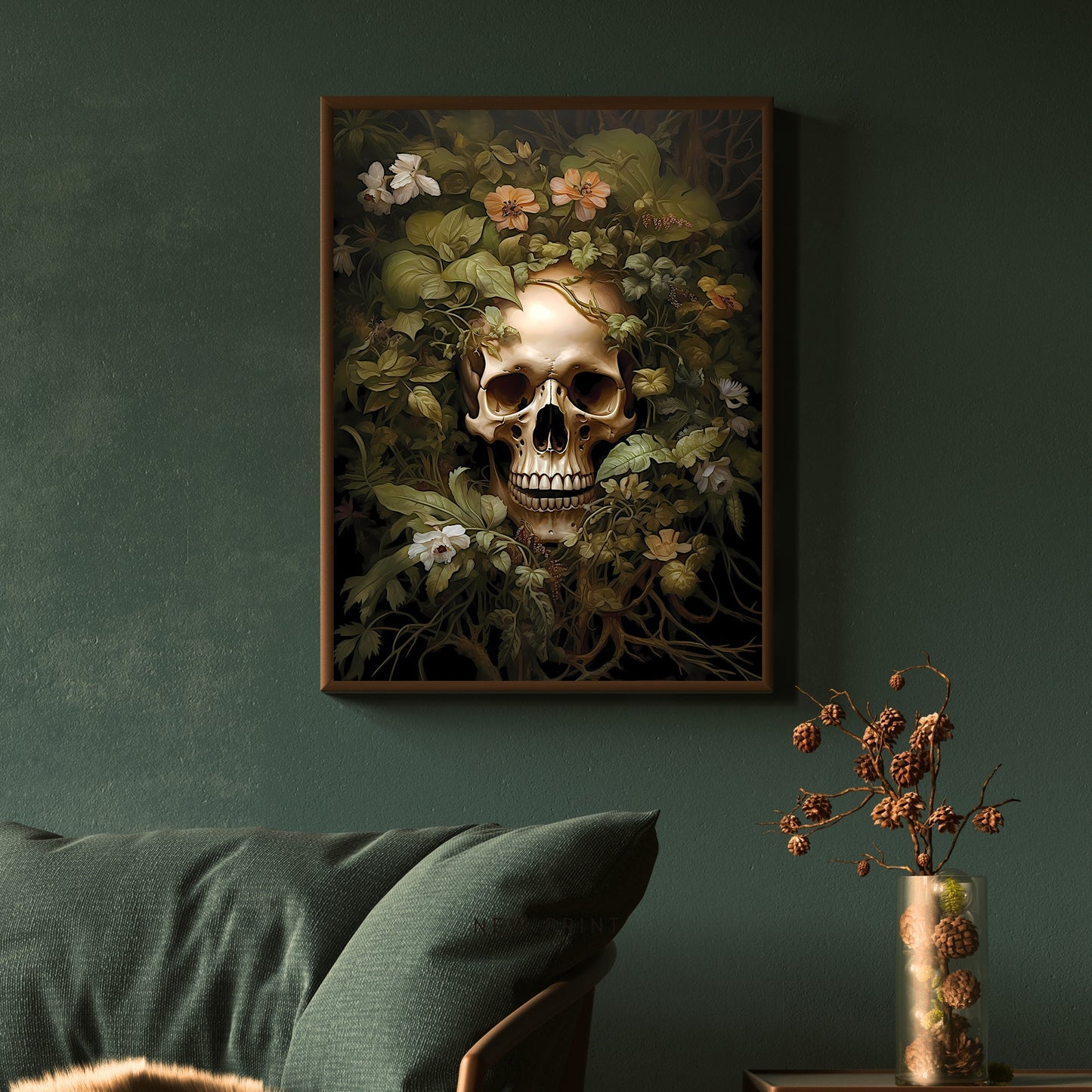 Skull and Flowers Paper Poster Prints Wall Art Dark Cottagecore Dark Academia Gothic Botanical Moody Goth Decor Dark Room Wall Decoration Witchy Art