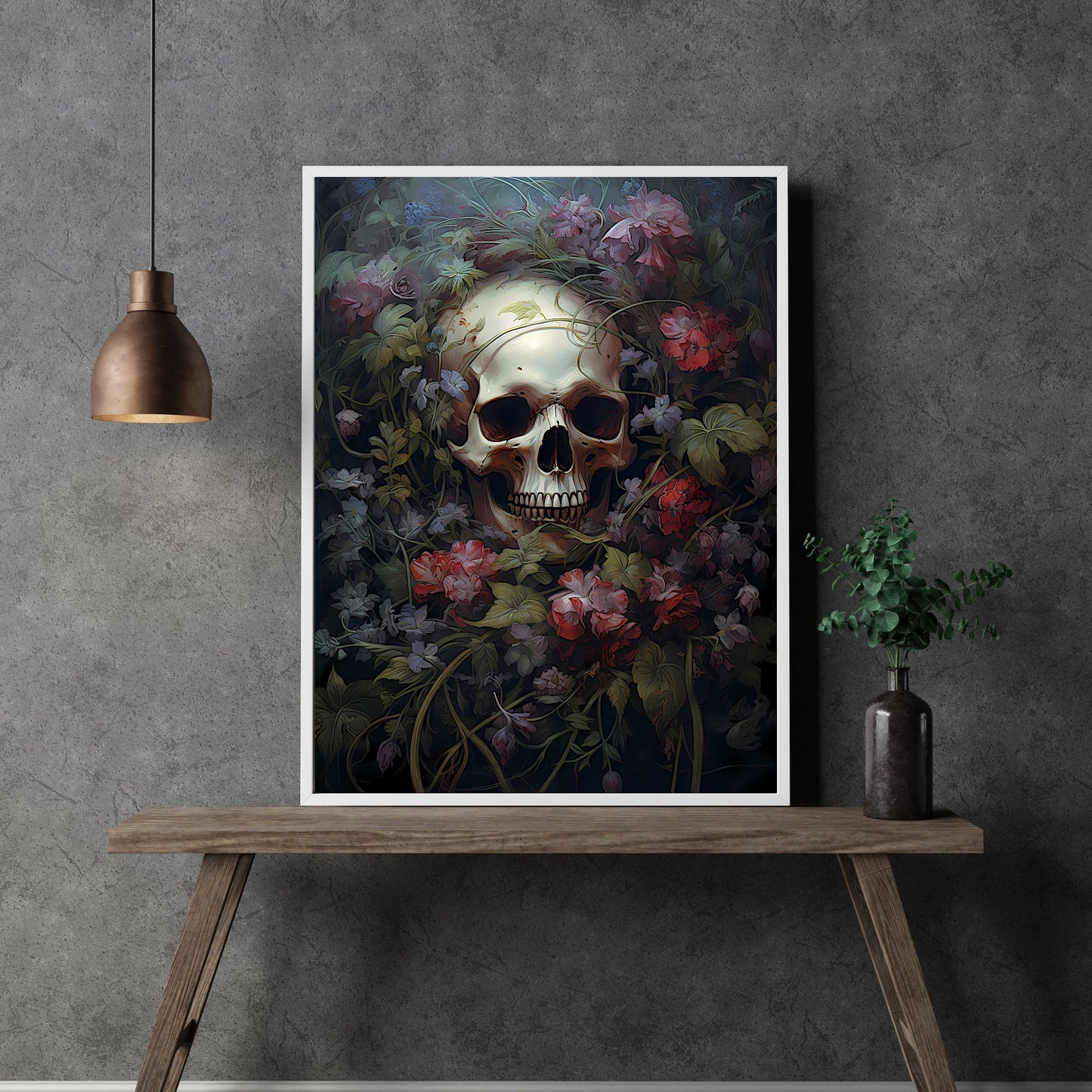 Skull lying in a Bed of Flowers Paper Poster Prints Wall Art Poster, perfect for Decoration of a Dark Room with a witchy nostalgic touch.