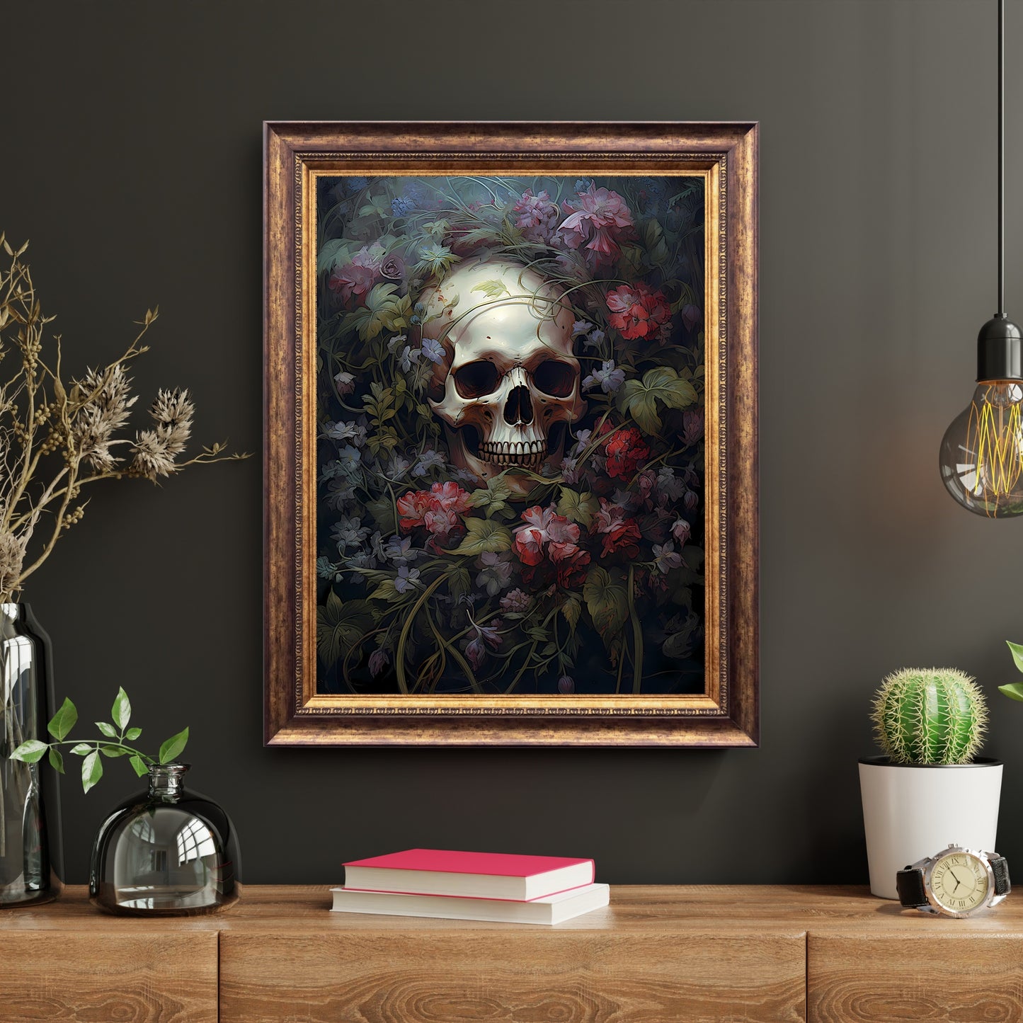 Skull lying in a Bed of Flowers Paper Poster Prints Wall Art Poster, perfect for Decoration of a Dark Room with a witchy nostalgic touch.
