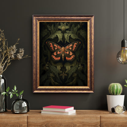 Dark Orange Moth Gothic Wall Art Paper Poster Prints Witchy Gothic Botanical Decor Dark Academia Goblincore Home Decor Moody Painting  Antique Library Decor