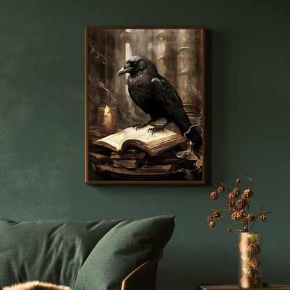 Black Raven in Library Paper Poster Prints Wall Art Dark Academia Gothic Artwork Moody Gothic Decor Dark Cottagecore Mystical Decor Library Print