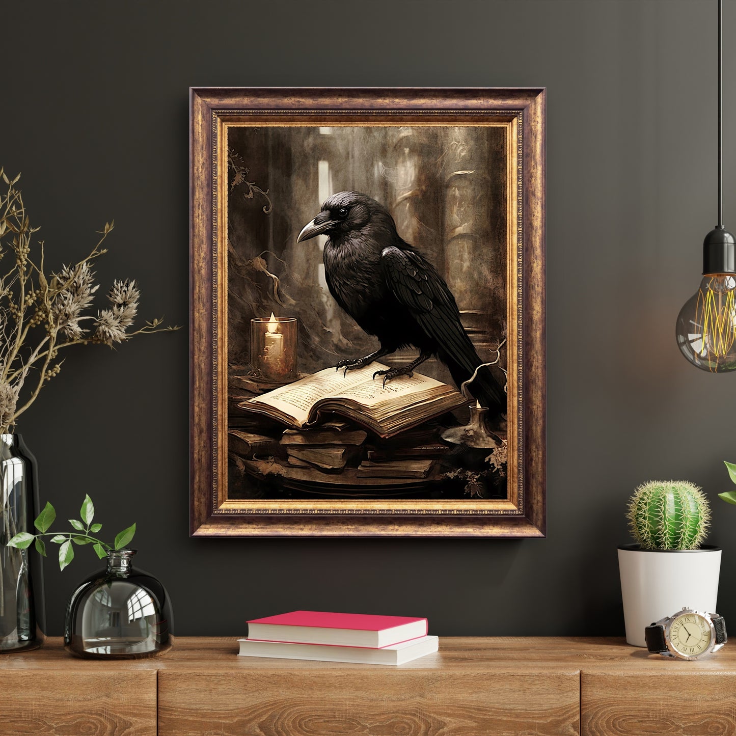 Black Raven in Library Paper Poster Prints Wall Art Dark Academia Gothic Artwork Moody Gothic Decor Dark Cottagecore Mystical Decor Library Print
