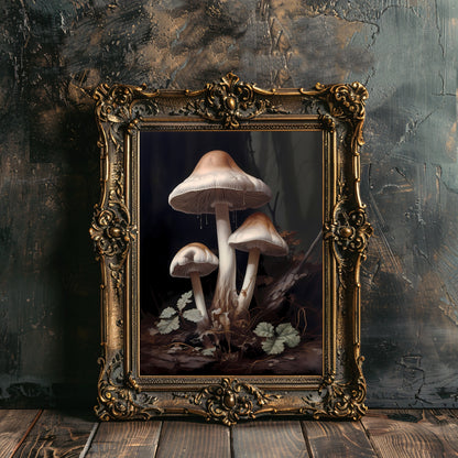 Weiße Pilze, dunkles Waldland, Wandkunst, dunkler Cottagecore-Blumendruck, Natur, Goblincore, Vintage-ästhetischer Druck, stimmungsvolles botanisches Papier-Posterdruck
