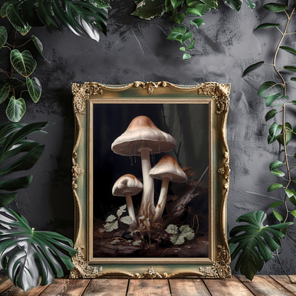 Weiße Pilze, dunkles Waldland, Wandkunst, dunkler Cottagecore-Blumendruck, Natur, Goblincore, Vintage-ästhetischer Druck, stimmungsvolles botanisches Papier-Posterdruck