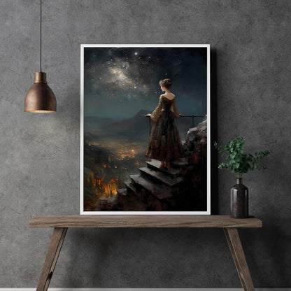 Woman in a Starry Night Wall Art Romantic Wall Decor Cottagecore Artwork Cityscape at Night Mountainviews Moon and Stars Painting Paper Poster Print