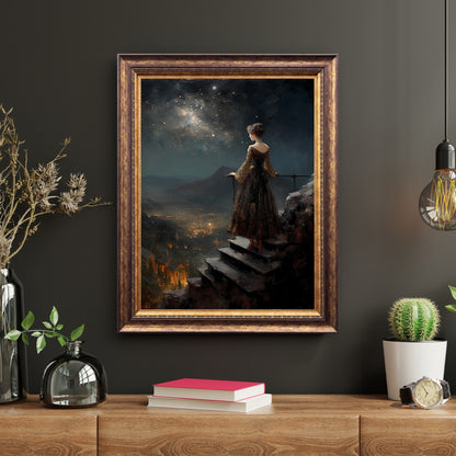 Woman in a Starry Night Wall Art Romantic Wall Decor Cottagecore Artwork Cityscape at Night Mountainviews Moon and Stars Painting Paper Poster Print