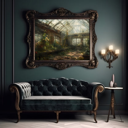 Forgotten Greenhouse Gothic Wall Art Romantic Lost Place Wall Decor Dark Cottagecore Artwork Vintage Nature Reclaim Aestetic Painting Paper Poster Print