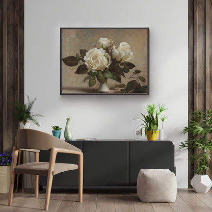 White Roses in vase still life painting Paper Poster Prints vintage art oil painting farmhouse decor floral painting roses painting botanic art