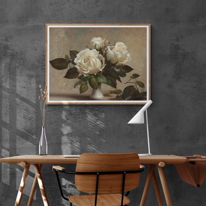 White Roses in vase still life painting Paper Poster Prints vintage art oil painting farmhouse decor floral painting roses painting botanic art