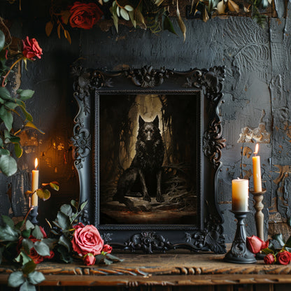 Schwarzer Wolf Portrait Wandkunst Moody Woodland Dark Cottagecore Kunstwerk Vintage Dark Room Ästhetische Gothic Malerei Witchy Art Papier Posterdruck