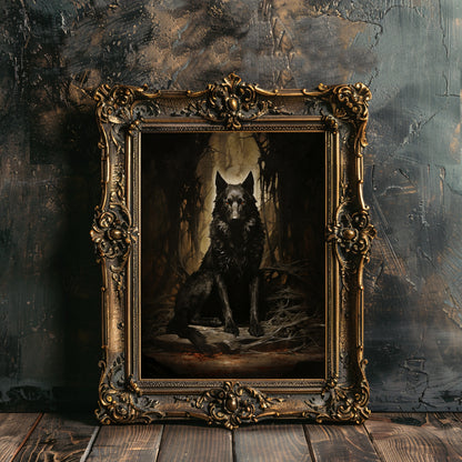 Schwarzer Wolf Portrait Wandkunst Moody Woodland Dark Cottagecore Kunstwerk Vintage Dark Room Ästhetische Gothic Malerei Witchy Art Papier Posterdruck