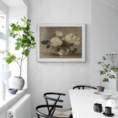 Weiße Rosen in Vase, Papierposter, Drucke, Wandkunst, Vintage-Ölgemälde, florales Kunstwerk, Cottagecore-Wohnzimmerdekoration, weiße Blumen-Stillleben-Gemälde