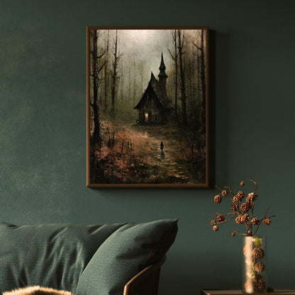 Spooky Witch Cottage Wall Art Moody Woodland Fairytale Dark Cottagecore Artwork Gothic Painting Witchy Art Horror Decoration Paper Poster Print