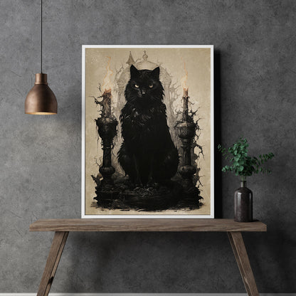 Black Witch Cat Wall Art Antique Dark Cottagecore Artwork Gothic Painting Witchy Art Gift for Cat Lover Mystic Home Decor Paper Poster Print