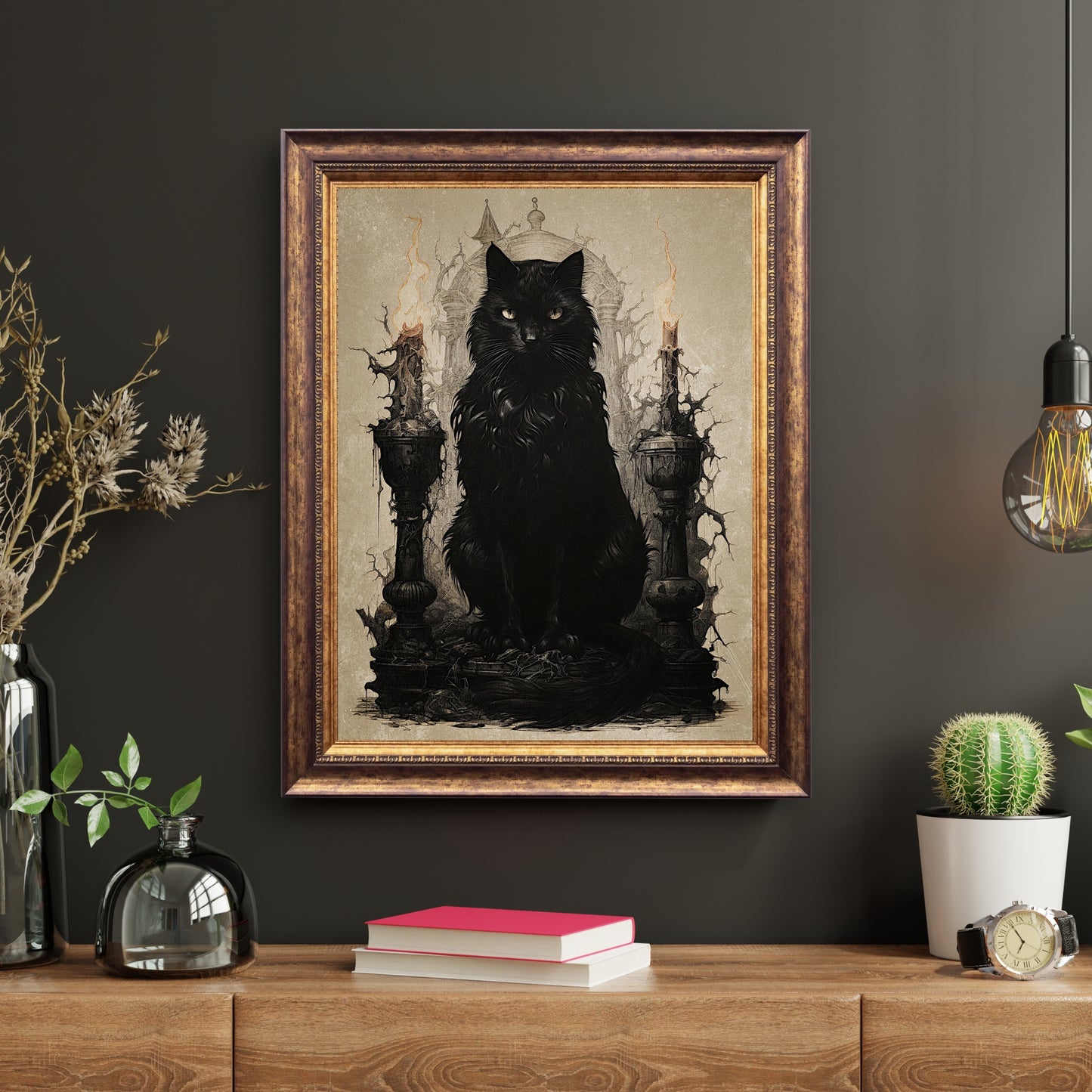 Black Witch Cat Wall Art Antique Dark Cottagecore Artwork Gothic Painting Witchy Art Gift for Cat Lover Mystic Home Decor Paper Poster Print