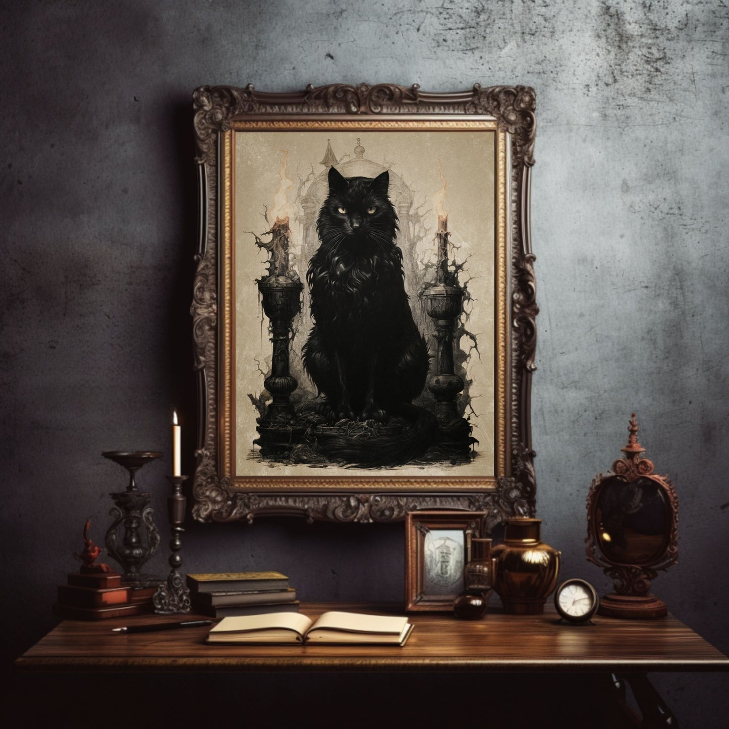 Schwarze Hexenkatze Wandkunst, antikes dunkles Cottagecore-Kunstwerk, Gothic-Gemälde, Hexenkunst, Geschenk für Katzenliebhaber, mystische Heimdekoration, Papier-Posterdruck