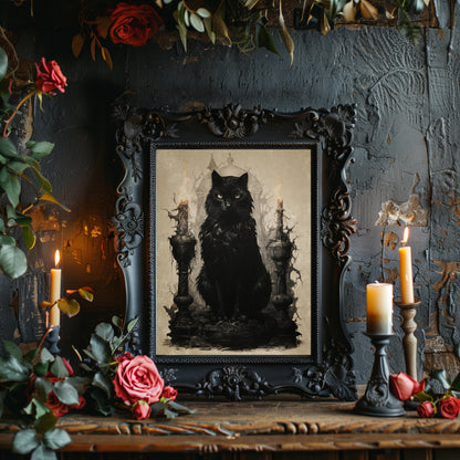 Schwarze Hexenkatze Wandkunst, antikes dunkles Cottagecore-Kunstwerk, Gothic-Gemälde, Hexenkunst, Geschenk für Katzenliebhaber, mystische Heimdekoration, Papier-Posterdruck