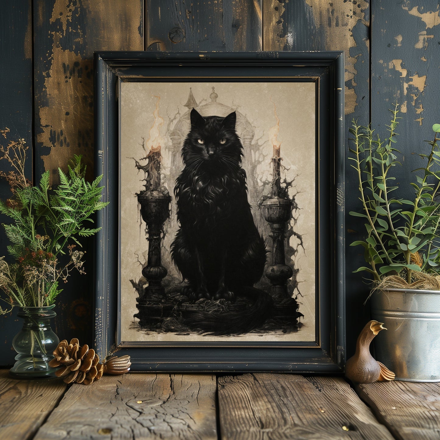 Schwarze Hexenkatze Wandkunst, antikes dunkles Cottagecore-Kunstwerk, Gothic-Gemälde, Hexenkunst, Geschenk für Katzenliebhaber, mystische Heimdekoration, Papier-Posterdruck