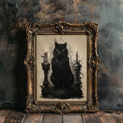 Schwarze Hexenkatze Wandkunst, antikes dunkles Cottagecore-Kunstwerk, Gothic-Gemälde, Hexenkunst, Geschenk für Katzenliebhaber, mystische Heimdekoration, Papier-Posterdruck