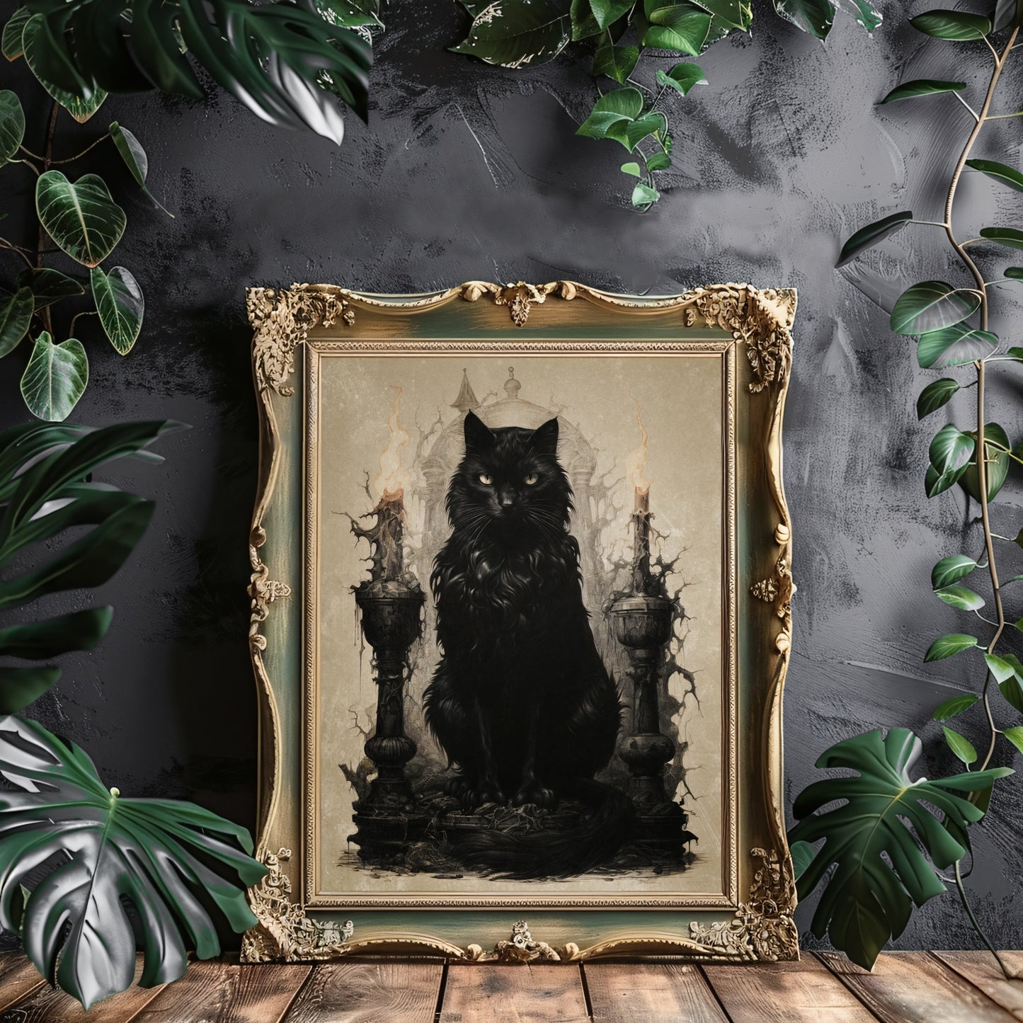 Schwarze Hexenkatze Wandkunst, antikes dunkles Cottagecore-Kunstwerk, Gothic-Gemälde, Hexenkunst, Geschenk für Katzenliebhaber, mystische Heimdekoration, Papier-Posterdruck