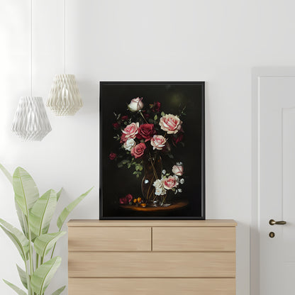 Roses in glasvase on table still life painting Paper Poster Prints vintage art farmhouse decor floral painting botanic art roses dark