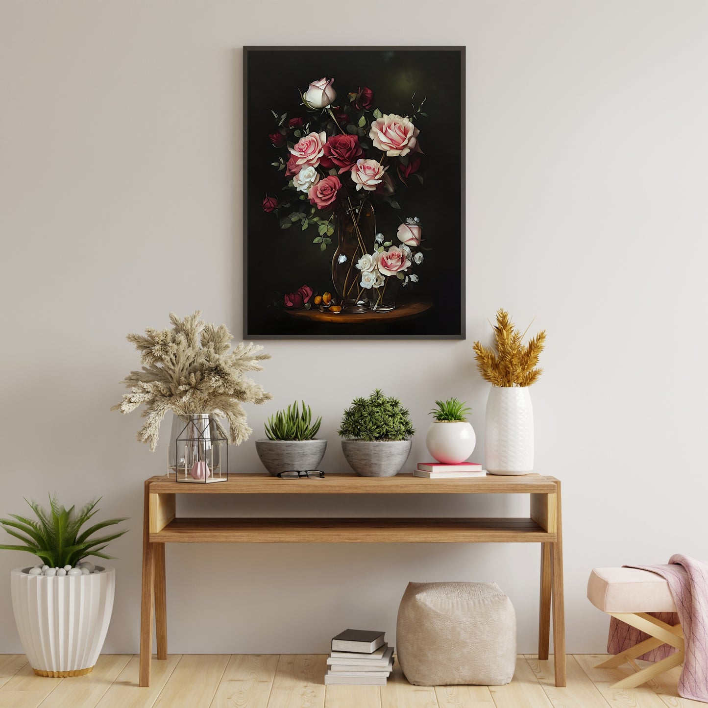 Roses in glasvase on table still life painting Paper Poster Prints vintage art farmhouse decor floral painting botanic art roses dark
