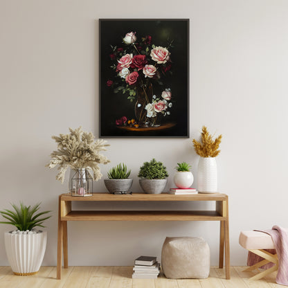 Roses in glasvase on table still life painting Paper Poster Prints vintage art farmhouse decor floral painting botanic art roses dark