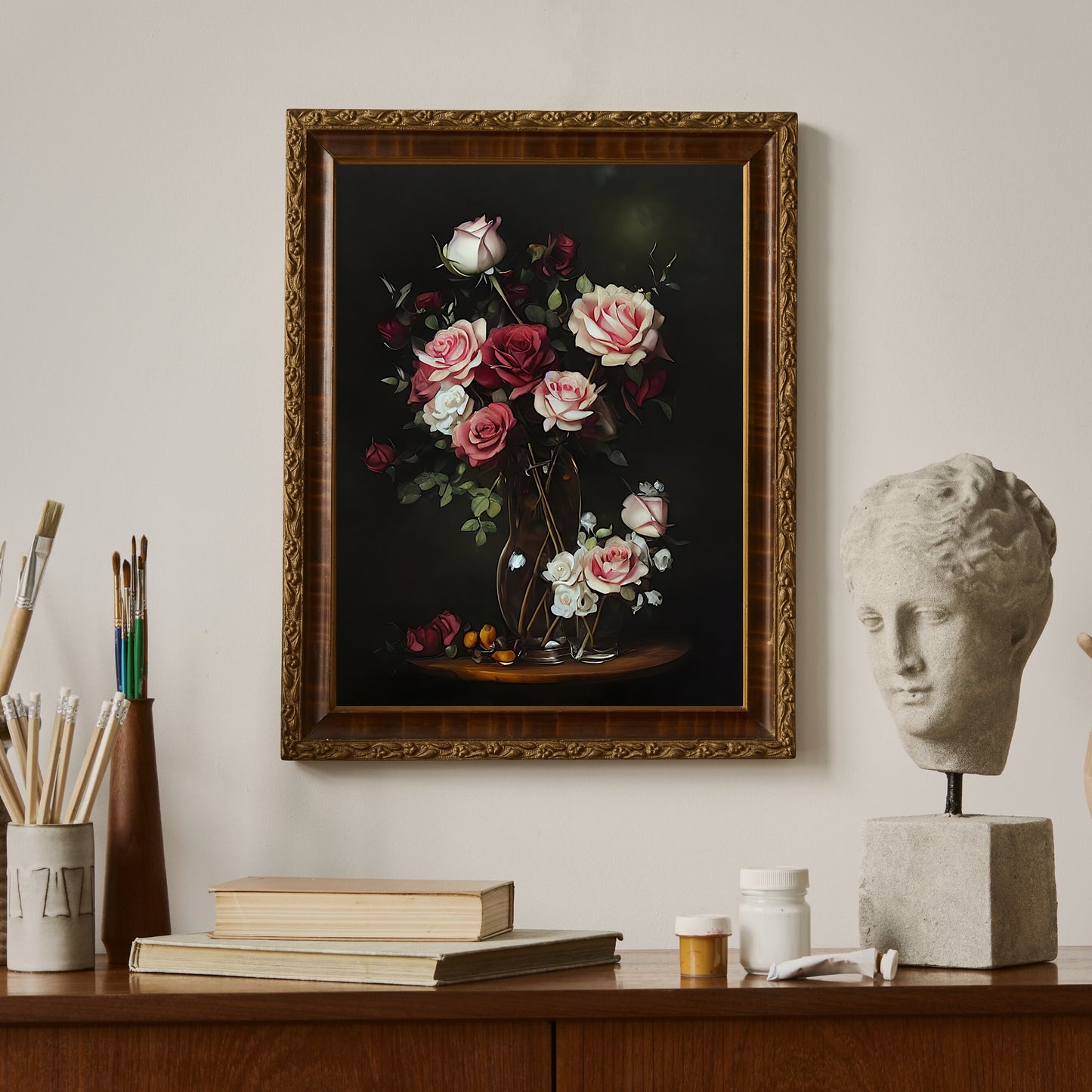 Roses in glasvase on table still life painting Paper Poster Prints vintage art farmhouse decor floral painting botanic art roses dark