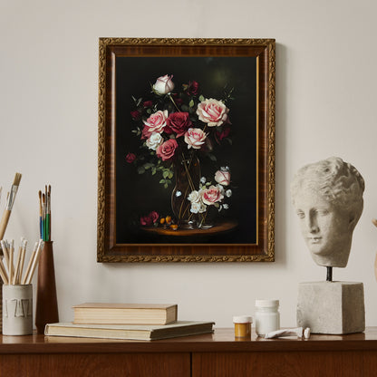 Roses in glasvase on table still life painting Paper Poster Prints vintage art farmhouse decor floral painting botanic art roses dark