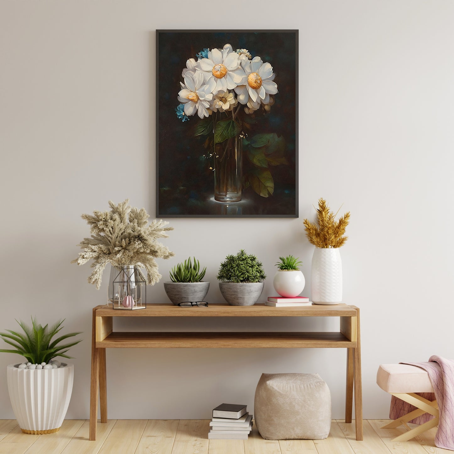 Blooming flowers in glasvase on table still life painting Paper Poster Prints vintage art farmhouse decor floral painting botanic art dark