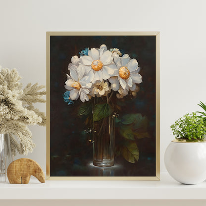 Blooming flowers in glasvase on table still life painting Paper Poster Prints vintage art farmhouse decor floral painting botanic art dark