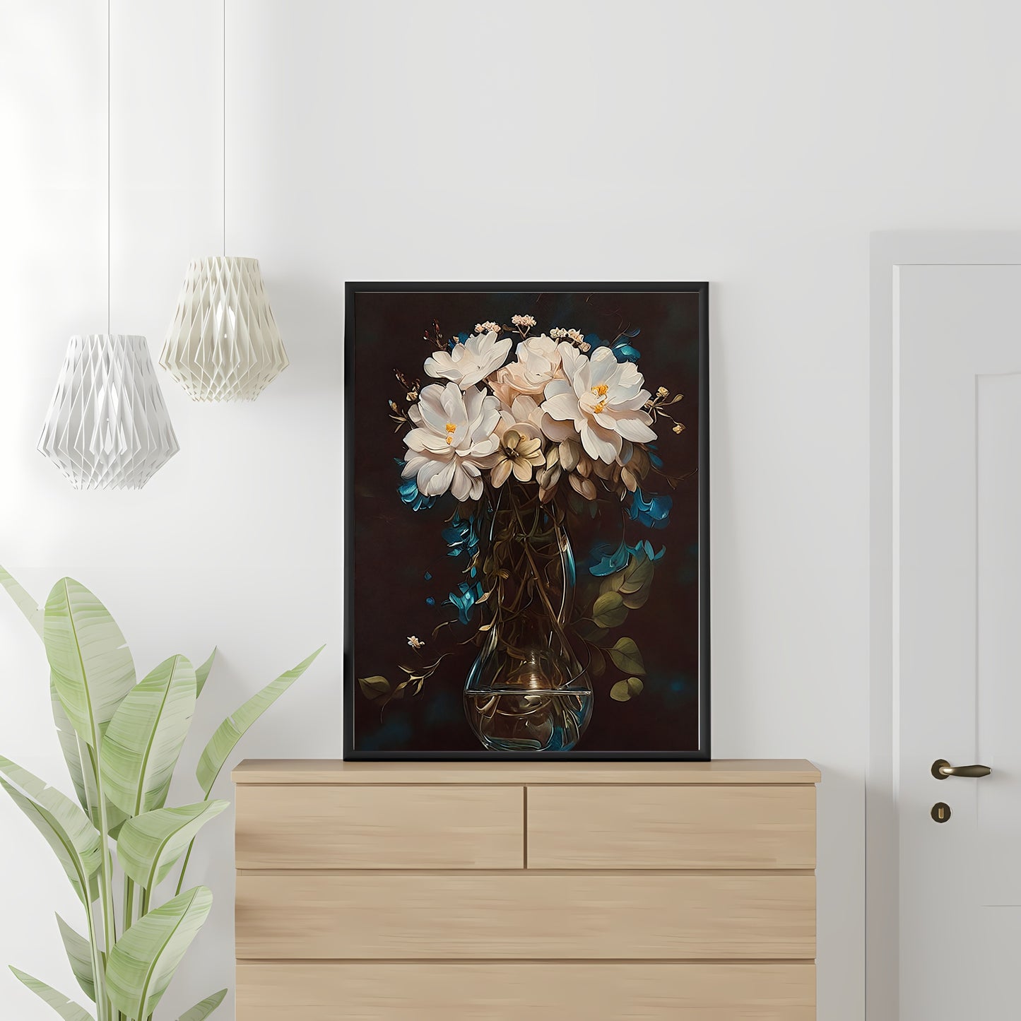 Blühende Blumen in einer Glasvase auf dem Tisch, Stillleben-Gemälde, Papier-Poster, Drucke, Vintage-Kunst, Bauernhaus-Dekor, Blumengemälde, botanische Kunst, dunkel