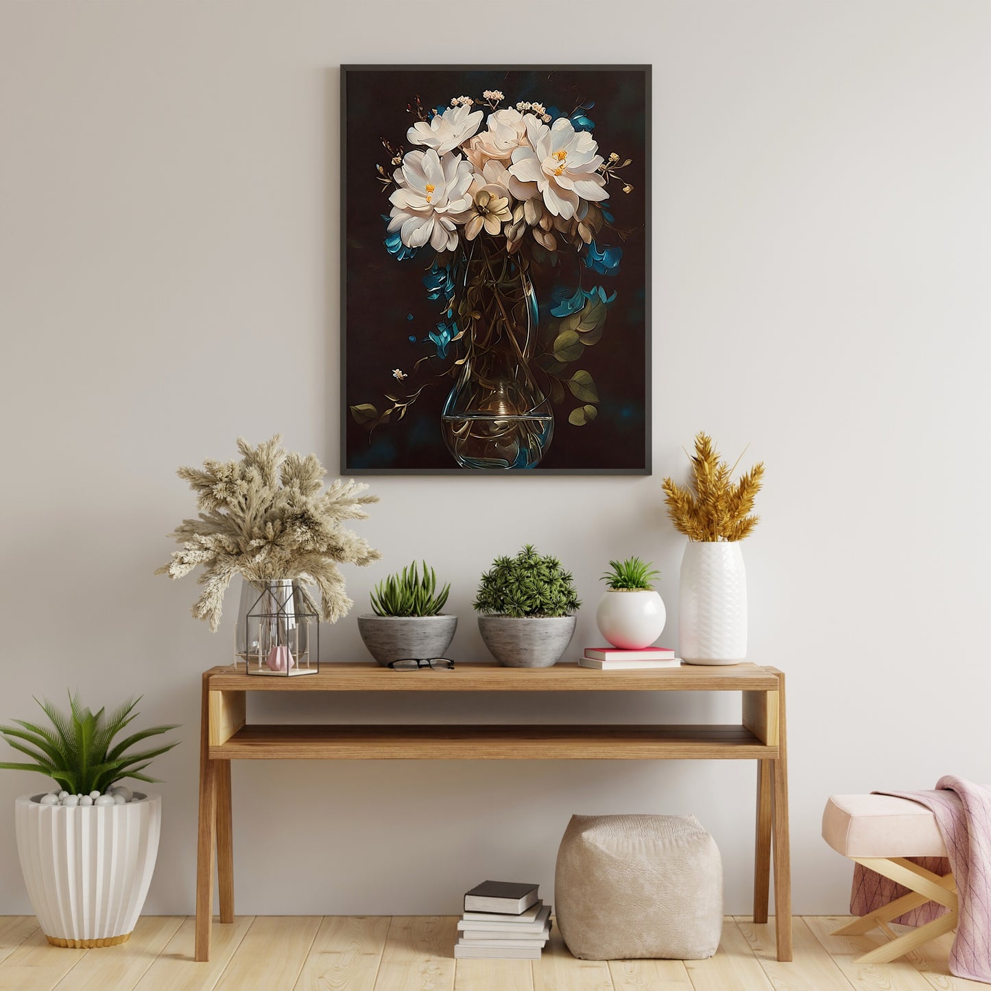 Blühende Blumen in einer Glasvase auf dem Tisch, Stillleben-Gemälde, Papier-Poster, Drucke, Vintage-Kunst, Bauernhaus-Dekor, Blumengemälde, botanische Kunst, dunkel