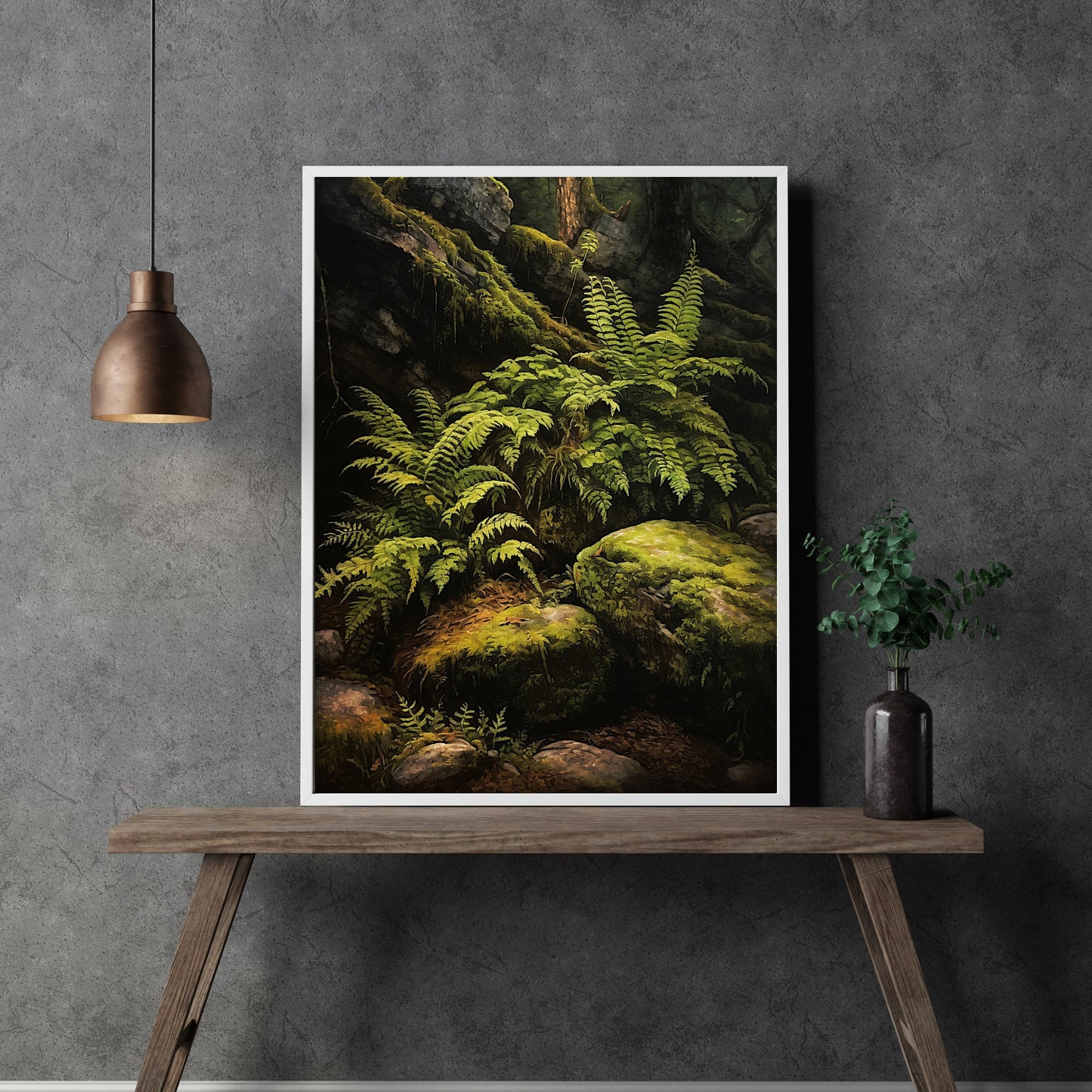 Fern and Rocks in Deep Forest Dark Cottagecore Wall Art Vintage Botanical Decor Green Aesthetic Wall Art Goblincore Oil Painting Dark Moody Paper Poster Print