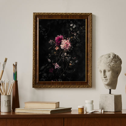Blühende Blumen auf dunklem Hintergrund, Stillleben, Malerei, Papier, Poster, Drucke, Vintage-Kunst, Bauernhaus-Dekor, Blumenmalerei, botanische Kunst, dunkel
