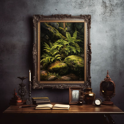 Farn und Felsen im tiefen Wald, dunkle Cottagecore-Wandkunst, Vintage-botanisches Dekor, grüne ästhetische Wandkunst, Goblincore-Ölgemälde, dunkles Moody-Papier-Posterdruck