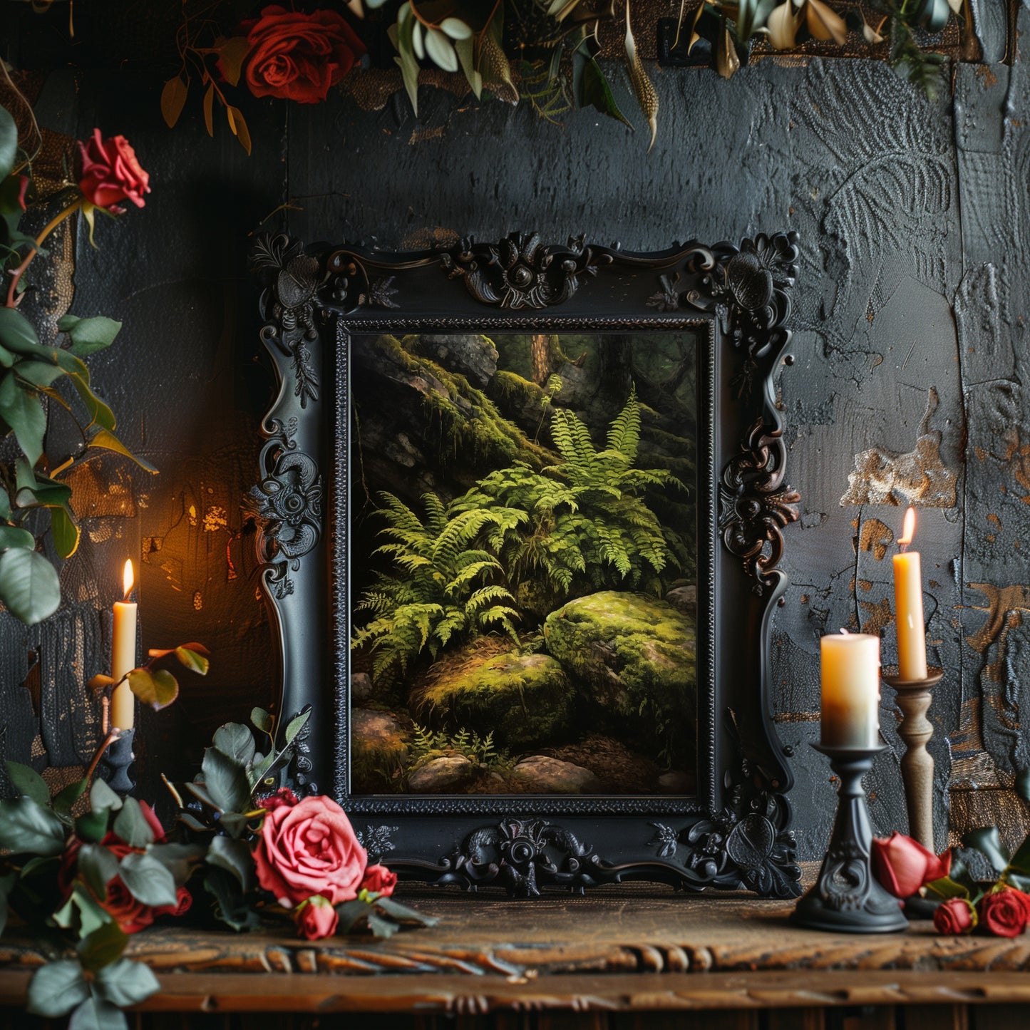 Farn und Felsen im tiefen Wald, dunkle Cottagecore-Wandkunst, Vintage-botanisches Dekor, grüne ästhetische Wandkunst, Goblincore-Ölgemälde, dunkles Moody-Papier-Posterdruck