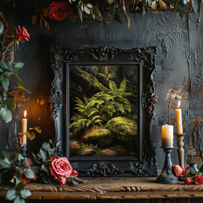 Farn und Felsen im tiefen Wald, dunkle Cottagecore-Wandkunst, Vintage-botanisches Dekor, grüne ästhetische Wandkunst, Goblincore-Ölgemälde, dunkles Moody-Papier-Posterdruck