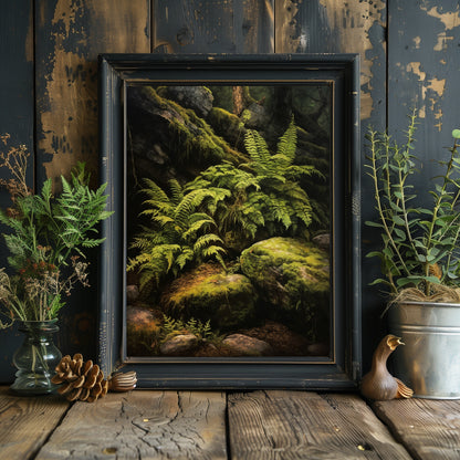 Farn und Felsen im tiefen Wald, dunkle Cottagecore-Wandkunst, Vintage-botanisches Dekor, grüne ästhetische Wandkunst, Goblincore-Ölgemälde, dunkles Moody-Papier-Posterdruck