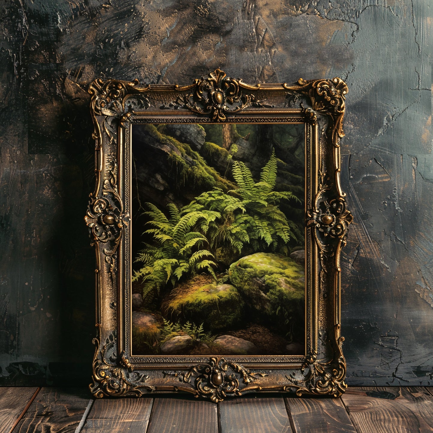 Farn und Felsen im tiefen Wald, dunkle Cottagecore-Wandkunst, Vintage-botanisches Dekor, grüne ästhetische Wandkunst, Goblincore-Ölgemälde, dunkles Moody-Papier-Posterdruck