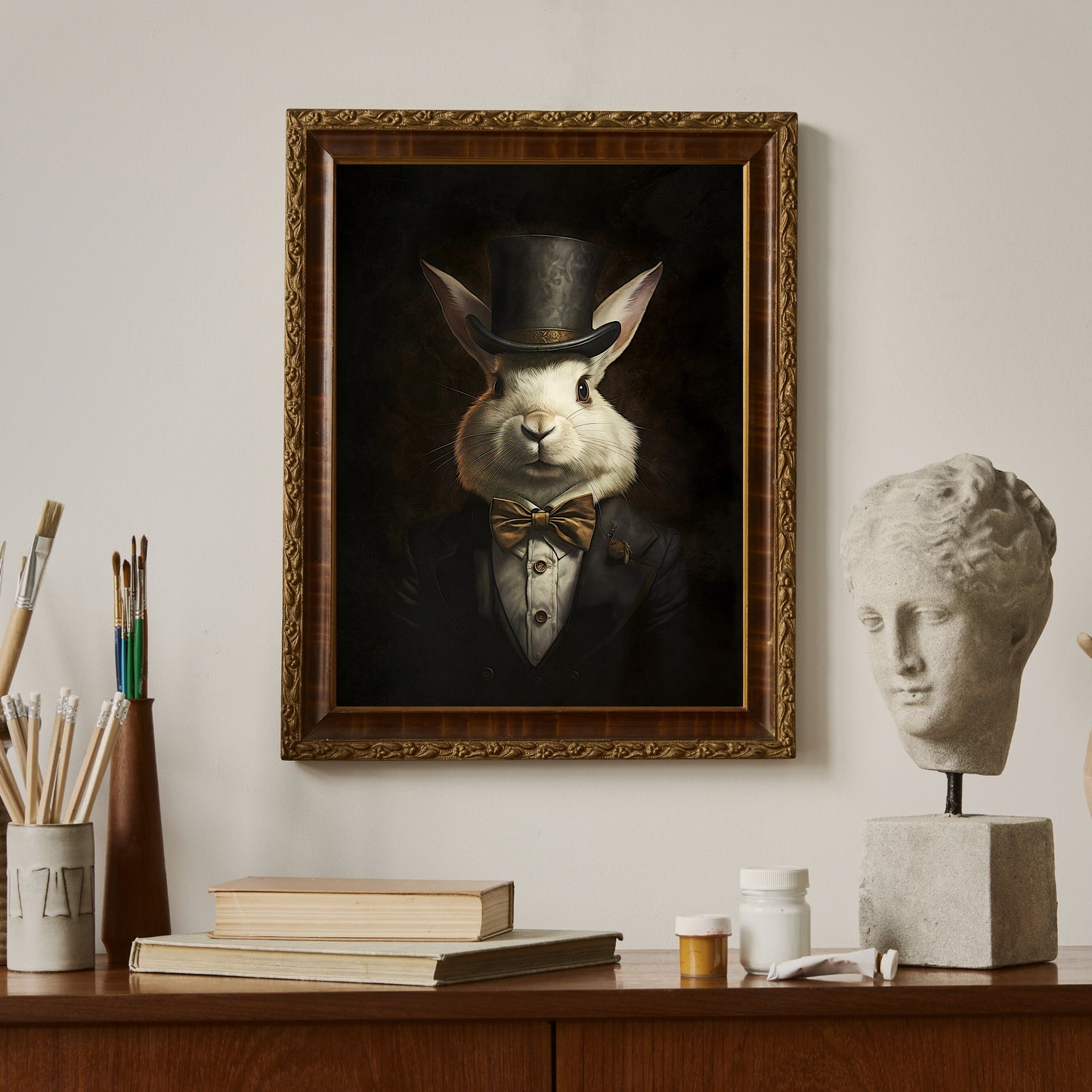 Rabbit Gentleman Wall Art Dark Cottagecore Vintage Animal Portrait Witchy Decor Gothic Dark Academia Rabbit Lover Gift Paper Poster Print